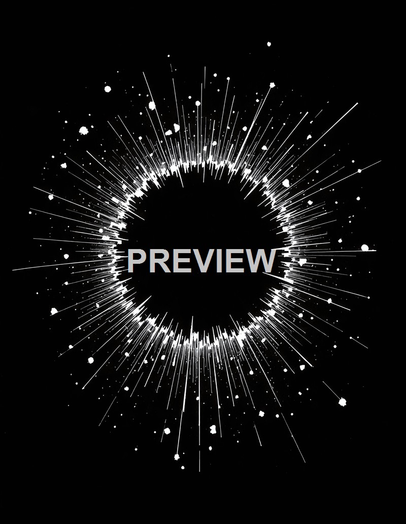 A black background with a white, circular, starburst pattern resembling an eclipse or explosion, with radiating lines and splatter effects.
